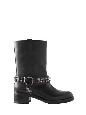 WHBM Vegan Leather Black Moto Gem Rhinestone Studded Combat Boots, Size‎ 6